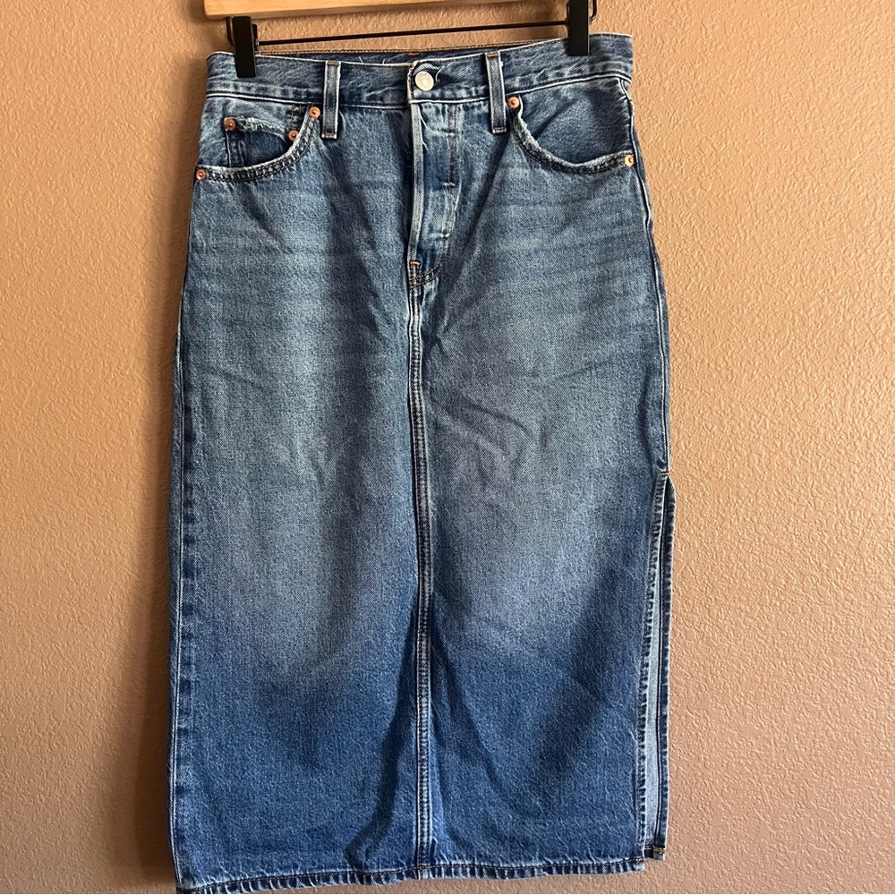 Levi’s Premium Blue Denim Button Fly Side Slit Long Skirt Size 26
